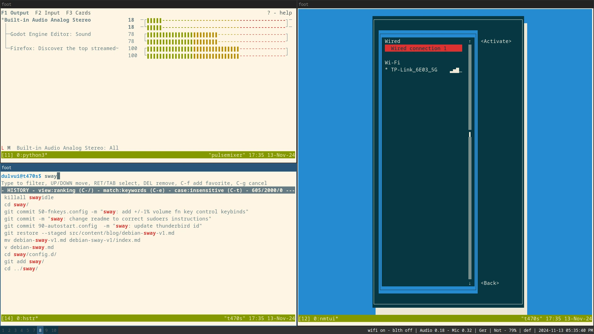 A screenshot of three open terminals with hstr, nmtui and pulsemixer