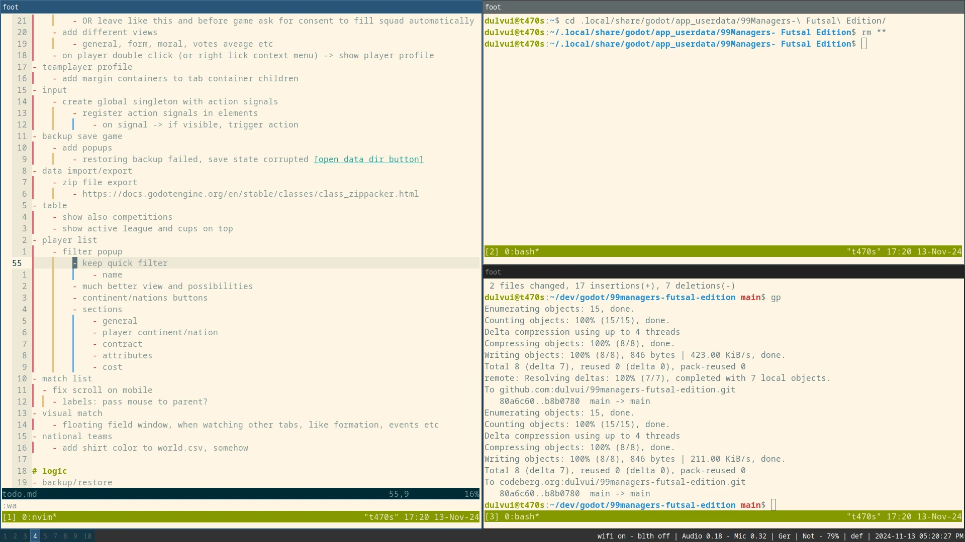 A screenshot of three open terminals running with one running Neovim.