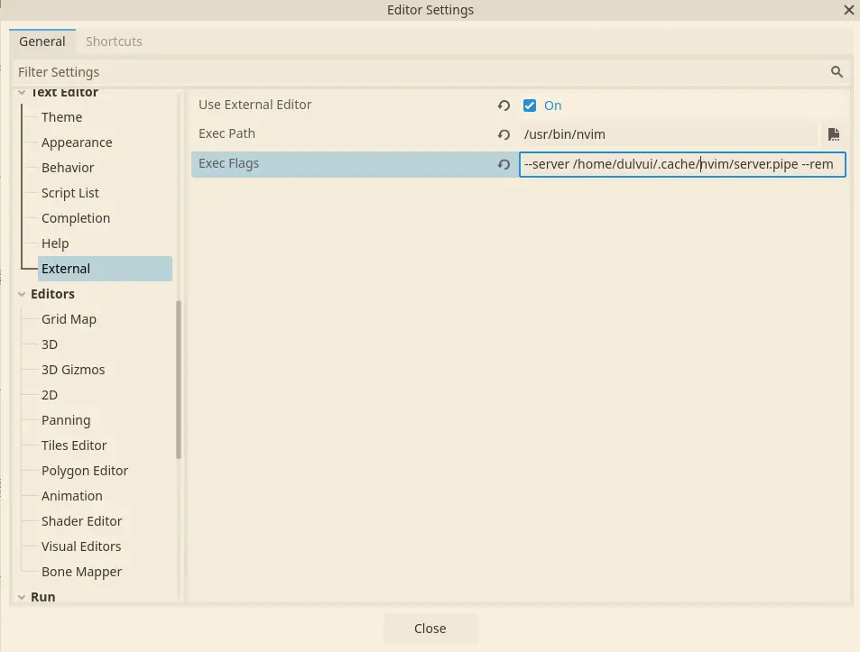 A screenshot of Godot's Editor Settings for external Text Editors