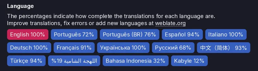 Screenshot of the language picker in 99Managers showing the current translation percentage.
