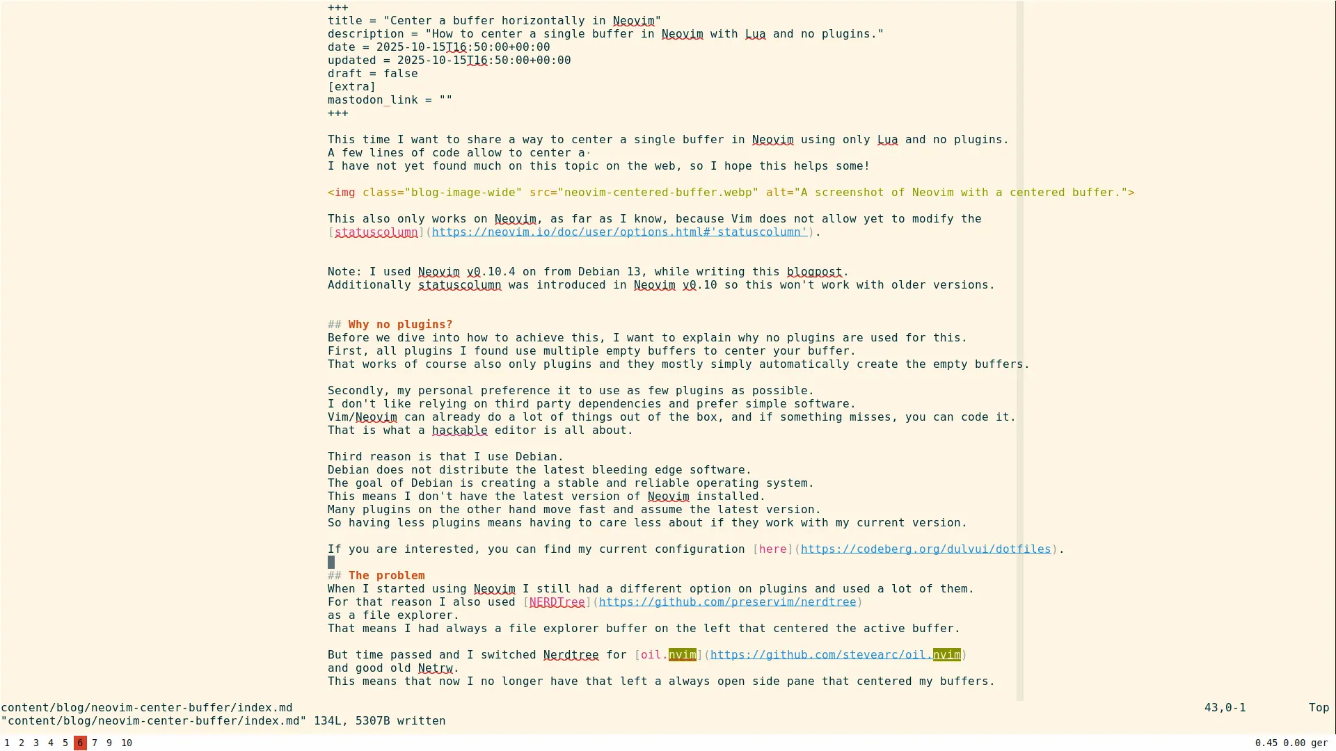 A screenshot of Neovim with a centered buffer.